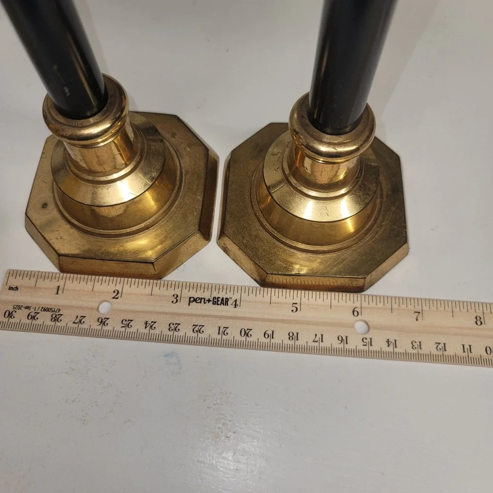 Vintage‎ Brass and Black Column Candlestick Holders Set of 2 Octagonal Base 12in